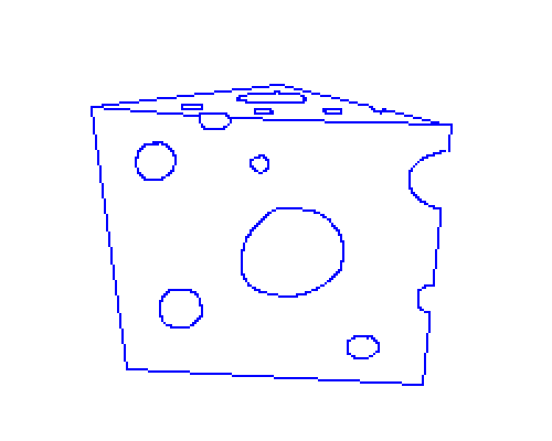a block of cheese with multiple holes which the wordgirl character, dr. two brains, pops out of. sketched blue lines.