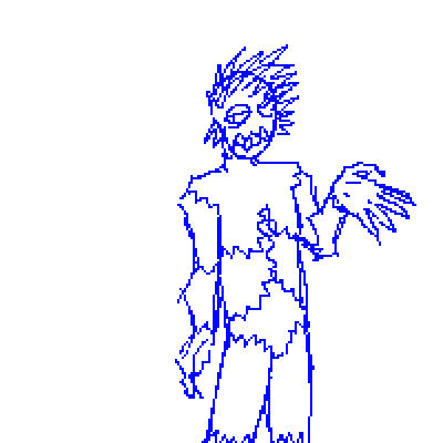 a bunch of sea urchins that combine to make a humanoid, breaking apart into several urchins. sketched blue lines with no color.