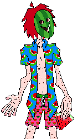 same image as previous. Skinny man has a slice of watermelon as a mask and is clothes in a shirt and shorts patterned with watermelons. full color but no shading.