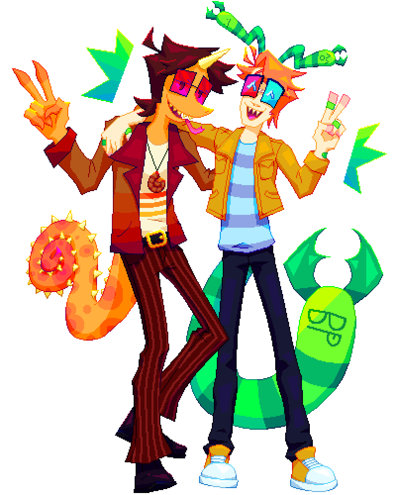 two people holding up peace signs. the left one is an anthro chameleon who in the gif is changing the color of himself and his clothes. the guy on right has a tail and antenne that resemble worms with pinsers. in the gif they get faces doodles on them.