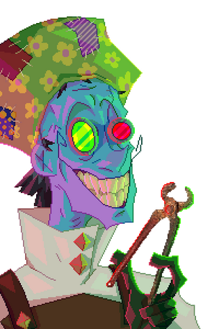 a bust of the psychonauts character dr. loboto, lit on the left with red and the right with green. hes holding up a pair of photorealistic, rusty pliers.