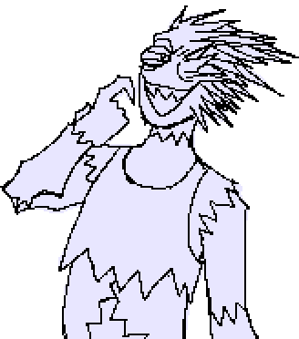 A bunch of urchins connect together in the shape of a humanoid, smiling smugly in a croptop tanktop. rough black lines and no color.