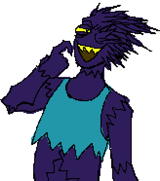 same image as previous, now with flat colors. purple urchins, teal tanktop, yellow eye and teeth. the color lightly bleeds outside the lines.