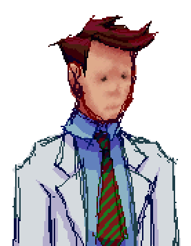 a brown haired man dressed in a lab coat, light blue shirt, and a red and green striped tie. his face is blurry and nearly featureless. first frame he almost looks like hes frowning. second frame he seems to look to the screen and smile ominously.