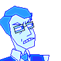 bust of an angular blue man looking at the screen, getting closer, then beginning to laugh.