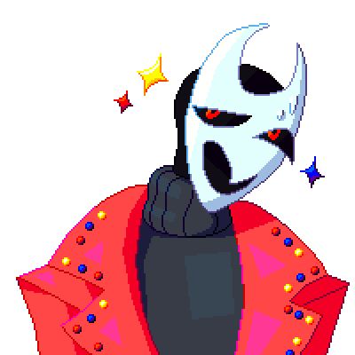 a masked humanoid entity in a sweater and jacket raising up a peace sign and putting it back down.