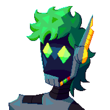 a robotic character with a screen for a face. two diamonds for eyes. it winks and a lever where its ear would be pulls down and back up.