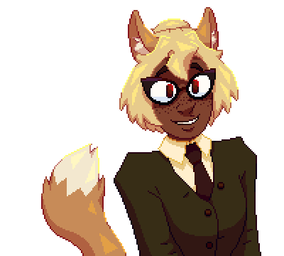 1/4th body of a girl with fox ears and a tail, blinking, ears shifting, and tail wagging gently.