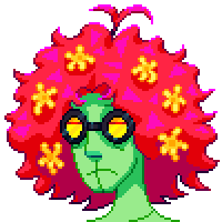 a green skinned lady with curly red hair yawns to reveal a monsterous second mouth intersecting with her normal mouth.