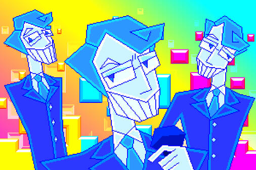 three versions of an angular blue man smiling, one of them holding a microphone. the background is a simple collection of blocky structures in yellow, cyan, and magenta.