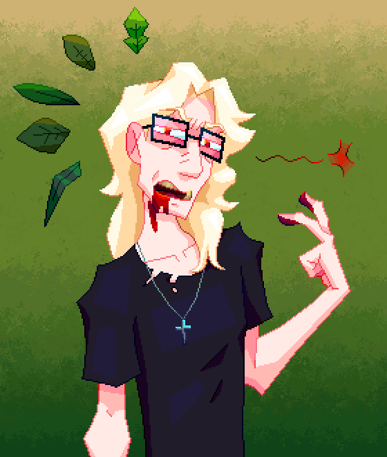 a blond man with a black shirt bleeding from the mouth. the background is a gradient of beige, light green, and dark green. a collection of 5 different leaves surround his head.