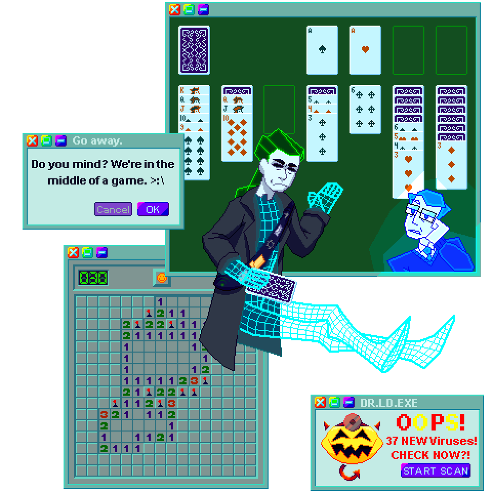 two computer entities, one a blue angular man, and the other an amalgamation of assorted digitalized styles, are in front of multiple computer windows. 1. a text box 2. a game of minesweeper 3. solitare 4. a sketchy pop-up.