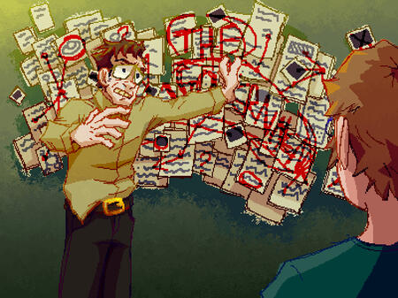 a man is watching as another man is posed gesturing to a crazed collection of papers and photographs, with red writing scribbled all over it, a big patch just reads "THE GOVERNMENT".