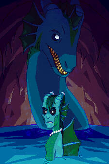 a merperson-esque humanoid in chest high water. behind it is a giant sea monster towering over. behind the monster is a stony cave wall.