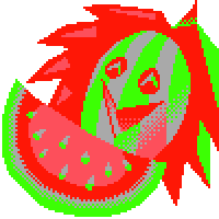 a lineless piece with a select color palette. man with crazy hair and a watermelon mask, in front of his head is also another big slice of watermelon.