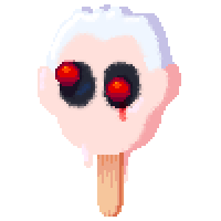 man with white hair, black sclera, and red eyes as a popsicle