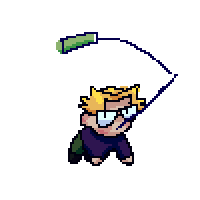 a small blobby puff with a pole in its mouth, flinging around a dollar on a string.